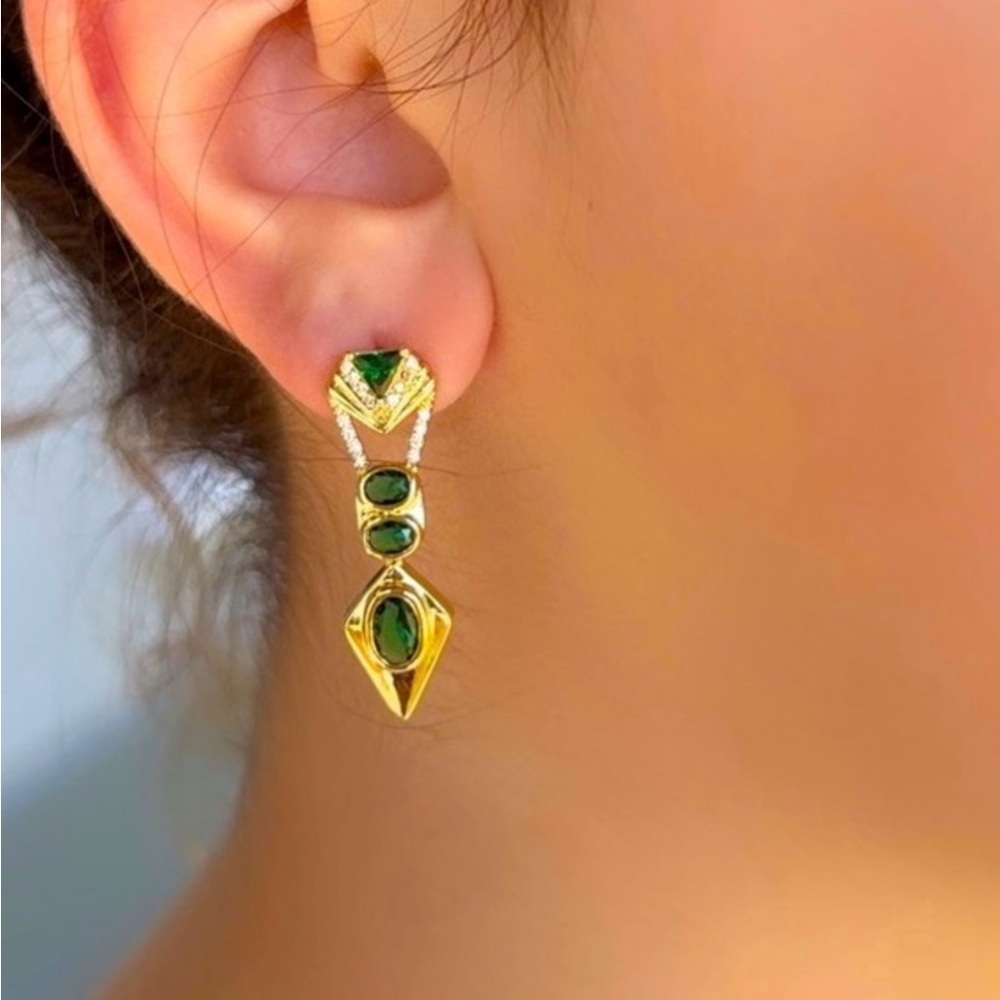 Elegant Green Gold Drop Earrings | Hypoallergenic Stainless Steel